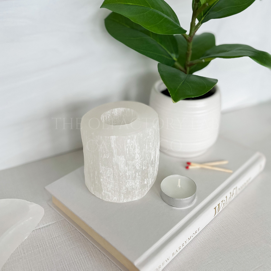 
                  
                    Selenite Tea Light Holder on a white hardcover book beside a green plant. In front of the holder is a tea light and matches to demonstrate the purpose of the tea light holder. 
                  
                