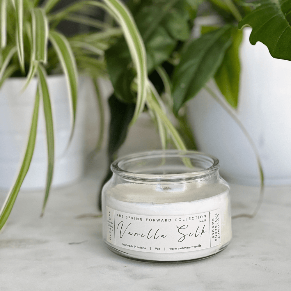 
                  
                    9oz white candle. The candle label is a rectangle shape in a soft yellow shade with grey cursive font reading Vanilla Silk. The candle is placed on a white marble counter with greenery in the background.
                  
                