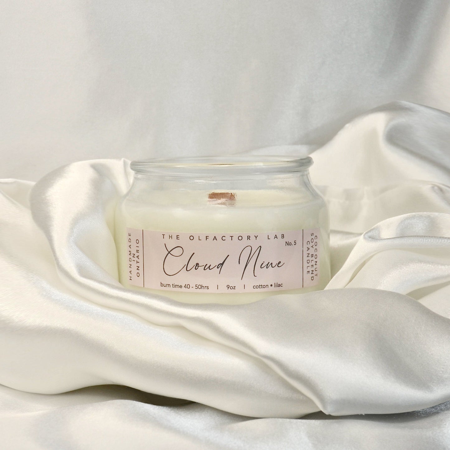 
                  
                    Cloud Nine nine ounce candle sitting on a bed of satin.
                  
                
