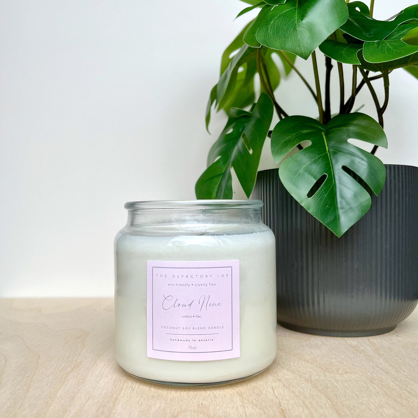 
                  
                    Cloud Nine fifteen ounce candle sitting on a wooden counter with greenery in the background.
                  
                