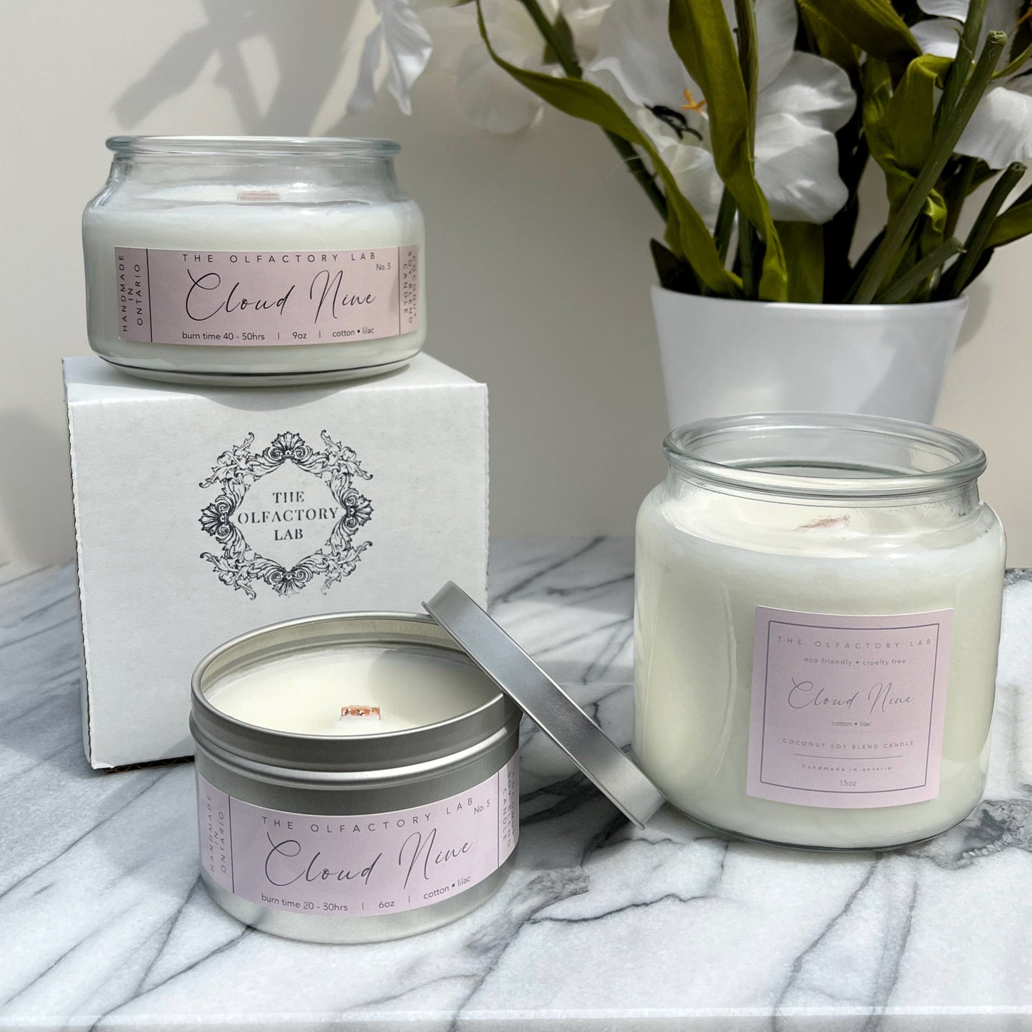 
                  
                    Cloud Nine Trio sitting on a marble counter with white flowers in the background.
                  
                