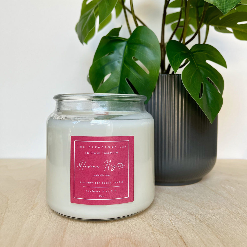 
                  
                    15oz Havana Nights candle. Label is a square in a true red colour with white cursive font. The candle is sitting on a wood table with a green plant beside it. 
                  
                